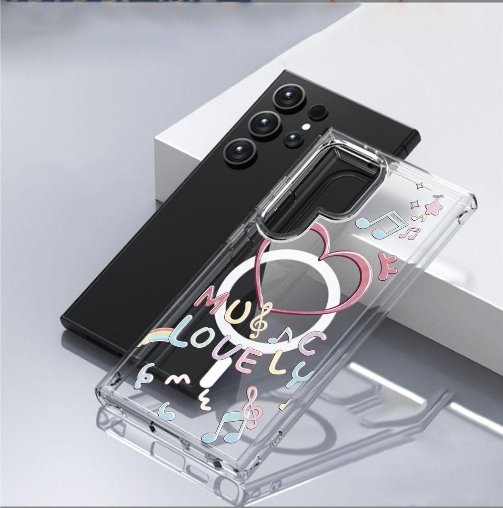 Heart-Shaped Magnetic Music Case for iPhone 14-17 Pro Max - Transparent & Full Coverage.