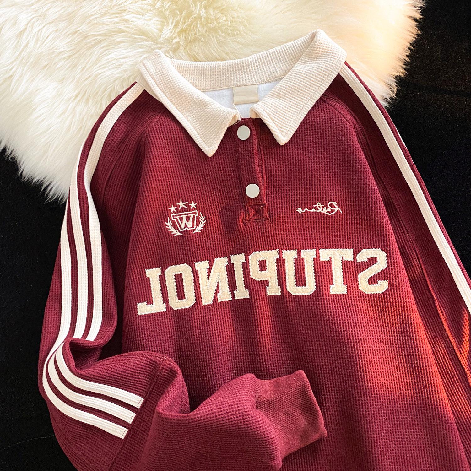 

Women s American Retro Polo Collar Sweatshirt - 2025 Spring/Autumn Hip Hop Loose Jacket L suitable for 100-125 lbs вина червоного кольору