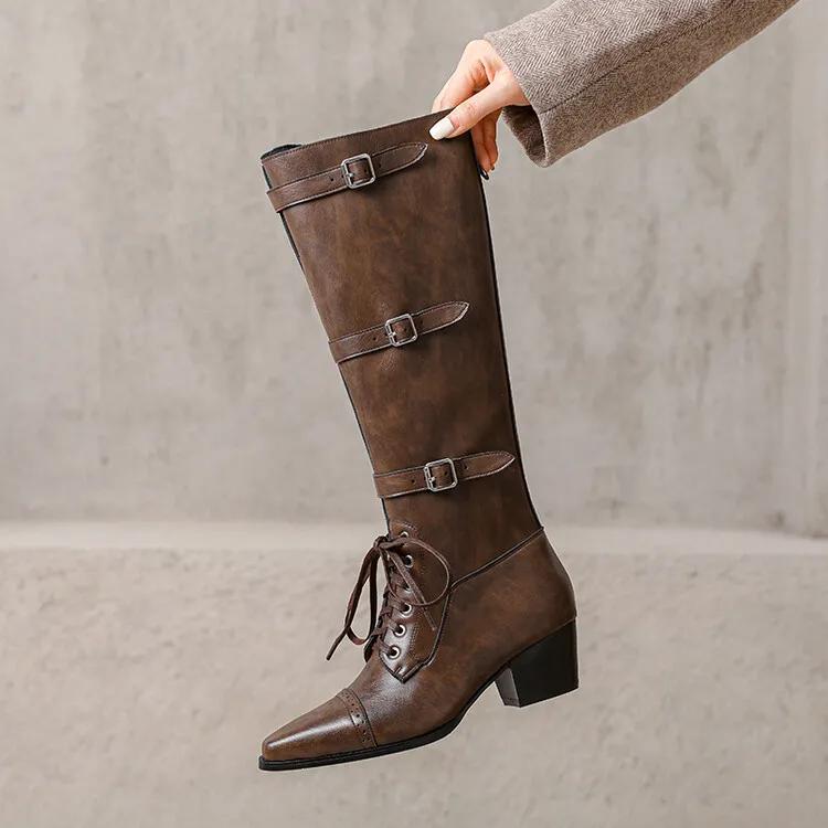 Fashion New Cowhide Cross Tie Straps Belt Buckle Knee High Boots Women Sexy Hot Girl Pole Dance 5.5cm High-heeled Knight Boots Size 40