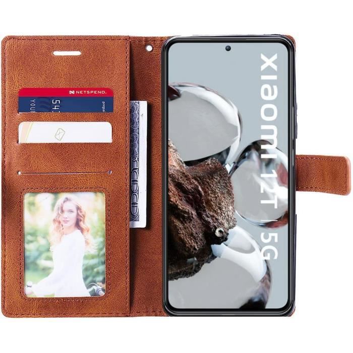 Coque + 2 Verres Trempés pour Xiaomi 12T - 12T Pro Coque Effet Cuir Elégant - Marron