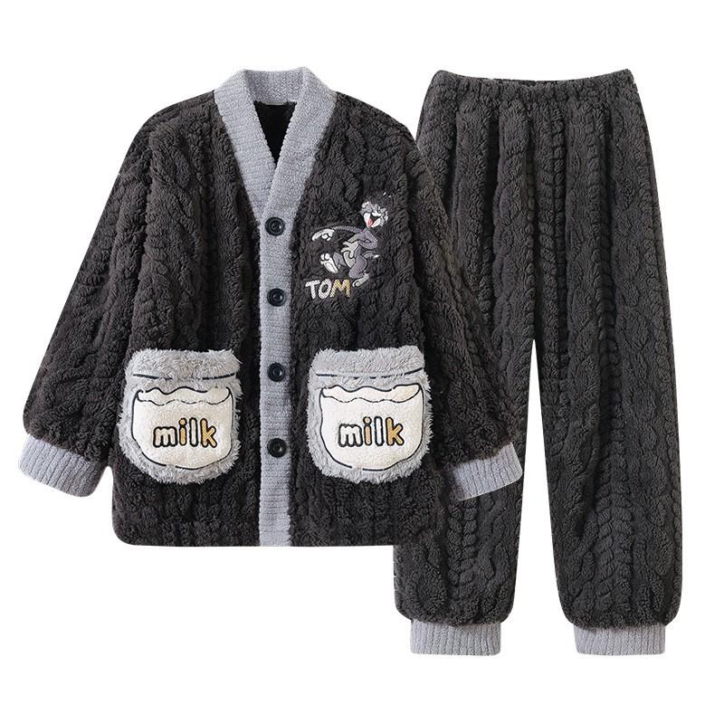 Boys Warm Coral Fleece Pajamas Set Thick Winter Sleepwear Kids Teens Comfortable Home Wear