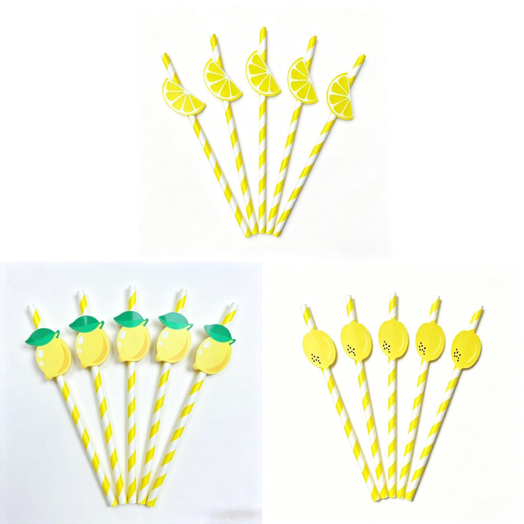 Degradable Paper Straws For Parties With Lemon Pattern For Cake Drinks And Cocktails