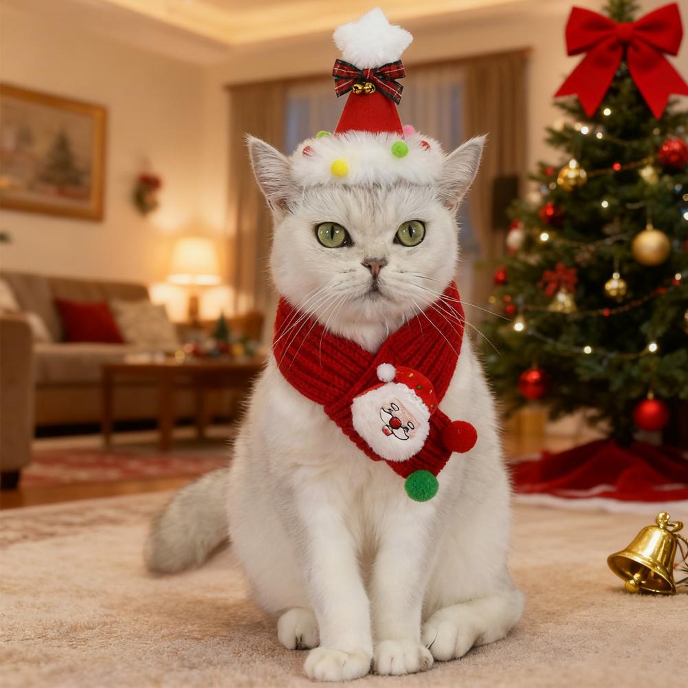 Santa Claus Pet Scarf Holiday Themed Pet Accessory Festive Christmas Pet Scarf Set with Knitted Cat Scarf Pompom for Holiday