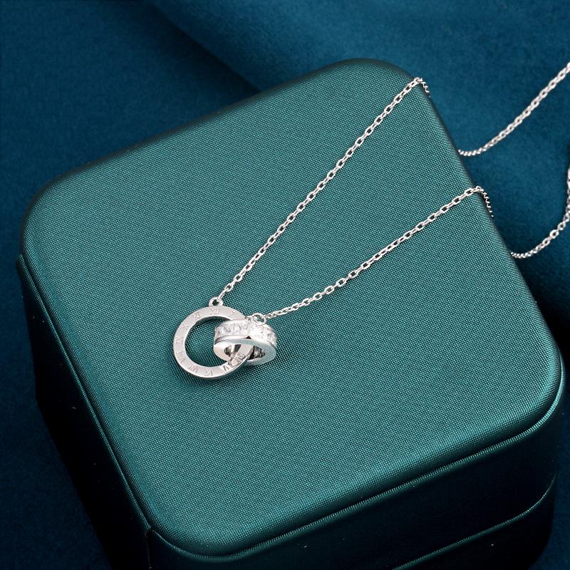 S925 Sterling Silver Roman Numeral Double Ring Necklace with Diamond-Inlaid Clavicle Chain – Elegant Gift for Women, European & American Style Sterling Silver 925