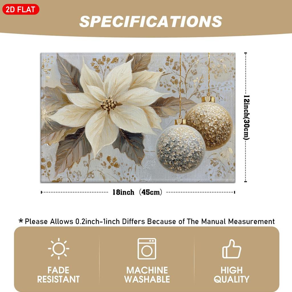 Set of 4 Christmas-Themed Placemats Featuring White Poinsettia Flowers And Golden Christmas Ball Designs, Adorned with Golden Leaf Decorations, Perfec