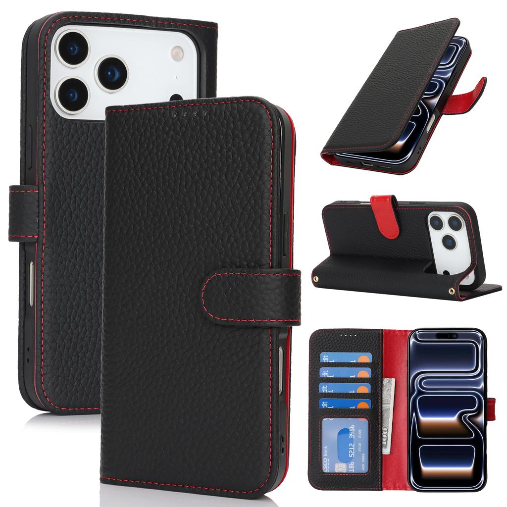 For iPhone 17 Pro Max Stand Case Litchi Texture Genuine Cow Leather Wallet Phone Cover RFID Blocking