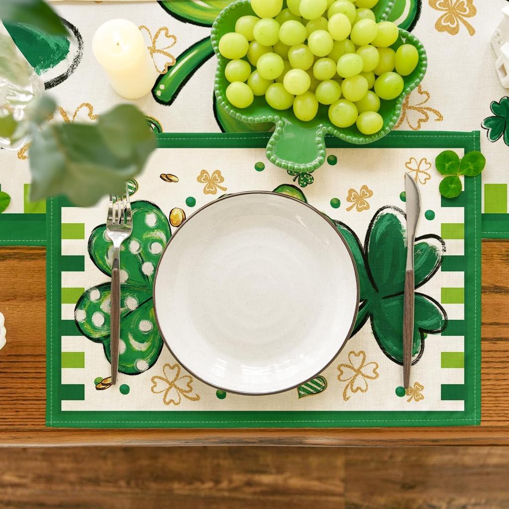 Four Leaf Clover Shamrocks St. Patrick's Day Placemats Set of 4, 12x18 Inch Seasonal Spring Table Mats for Party Kitchen Dining Decoration