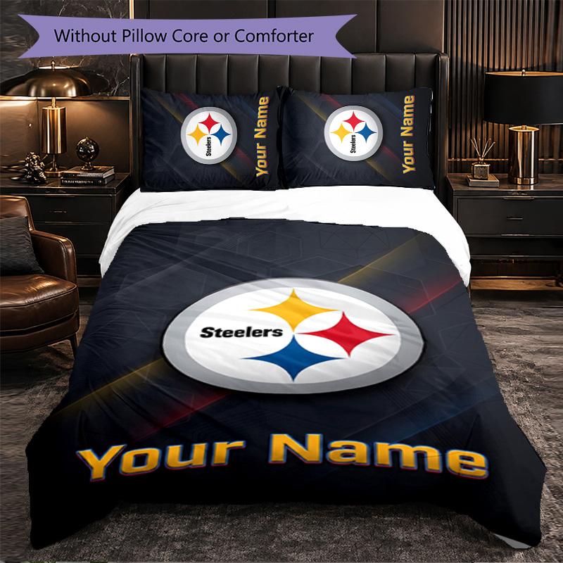 Pittsburgh Steelers Customized Name Text Bedding Set, 1 Duvet Cover & 2 Pillowcases Personalized Bedroom Gift
