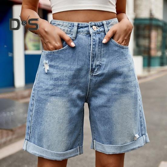 Καλοκαιρινά Γυναικεία Τζιν Σορτς Μήκους Μέχρι το Γόνατο Με Μέση που Φτάνει Μέχρι τη Μέση Ελαστικά Καθημερινά Φαρδιά Ίσια Πόδια Ξεβαμμένα με Μανσέτες Τζιν Σορτς Παντελόνια με Τσέπες