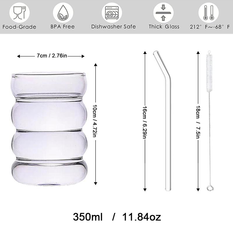 1/2/4 Adet Cam Pipetli Bardak Dalga Şekilli Cam Bardaklar Bira Bardakları Buzlu Kahve Termosu Bardak 350ml Kupa Kahve Bardakları