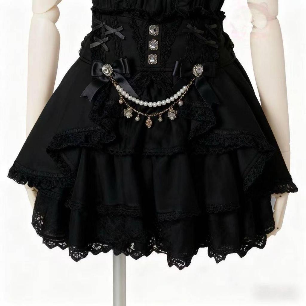 Japanese Sweet Lolita Style Mini Skirt Women Elegant Lace Bandage Party Cake Skirts Female Gothic Y2k Metal Buckle Skirt