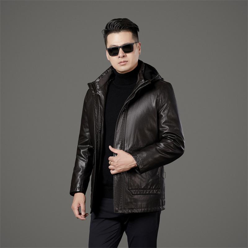 Genuine leather jacket, leather down jacket, middle-aged men's sheepskin leather jacket, hooded winter coat
