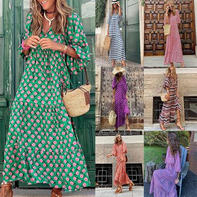 Damenmode Sommer V-Ausschnitt Boho Mittellanges Kleid Tägliches Pendler Lässig Sexy Strand Bequemes Kühles Langes Kleid