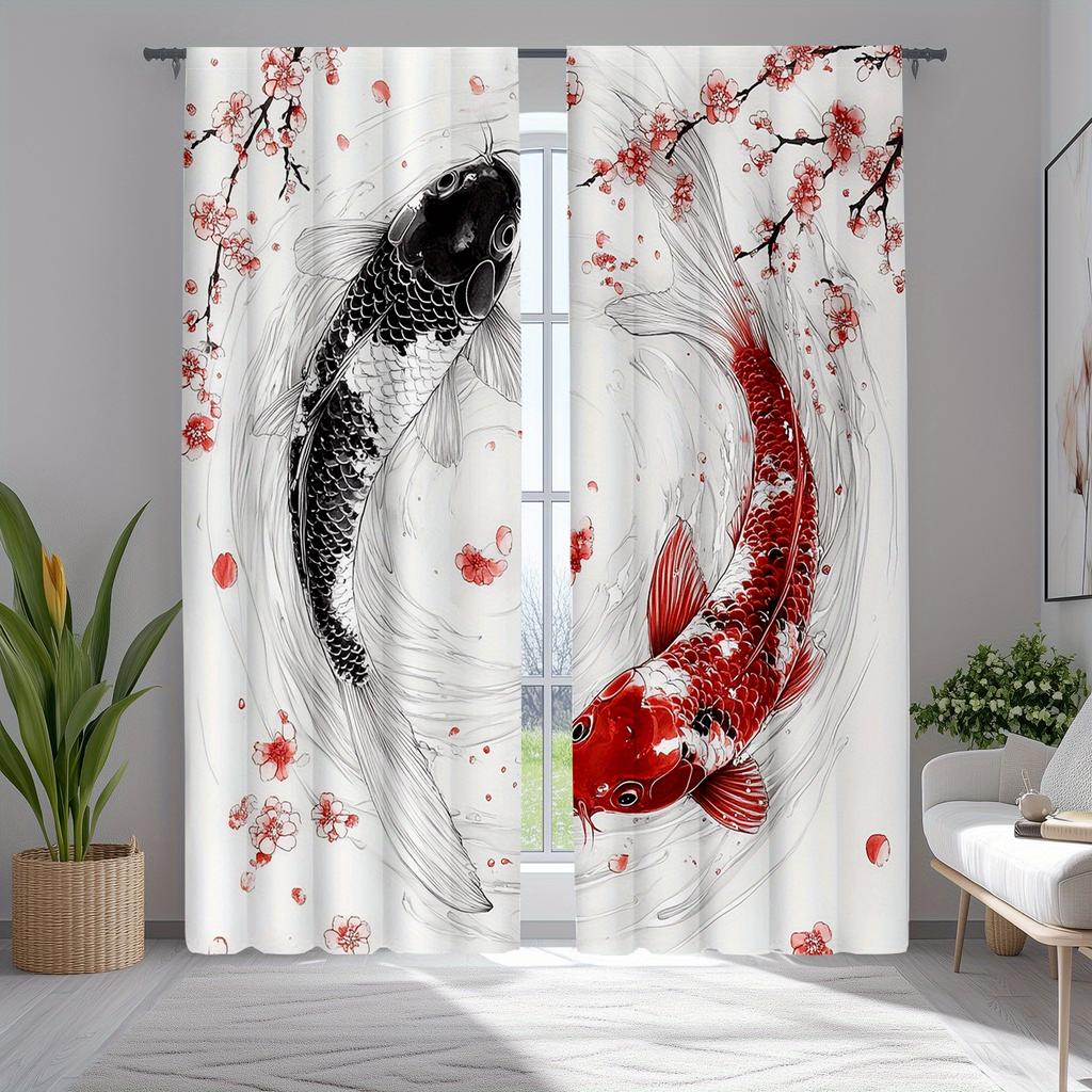 Set Of 2 Curtains Featuring Koi Fish Cherry Blossoms Designed Japanese Ukiyoe Theme Bedroom Curtain With Room Darkening Polyester Perfect For