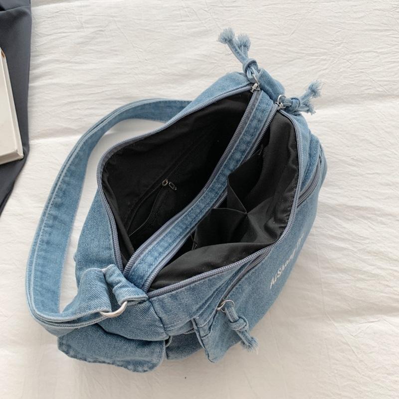 Women Denim Shoulder Bag Vintage Large Capacity Casual Tote Handbag with Multiple Pockets