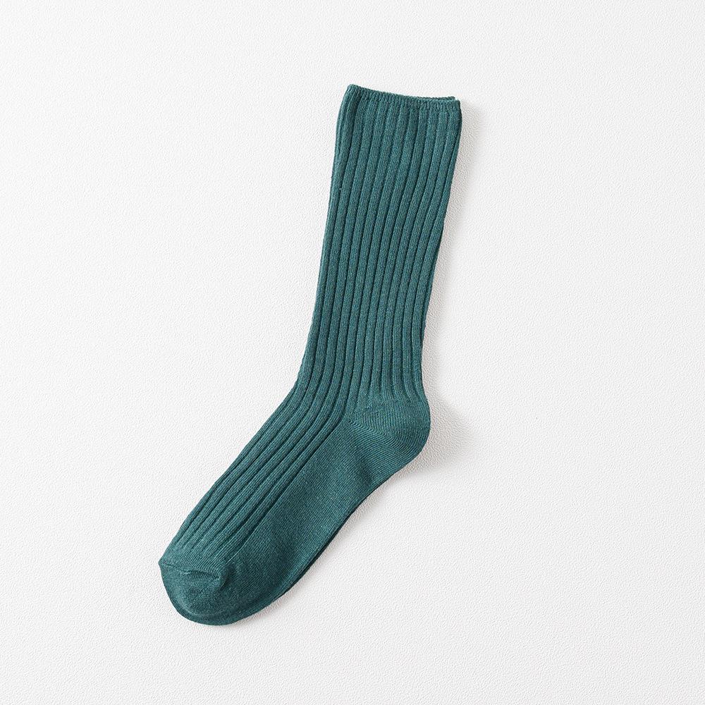 Women's Striped Double Needle Pile Socks: Pure Color, Long Cotton for Autumn/Winter, Trendy & Stylish.