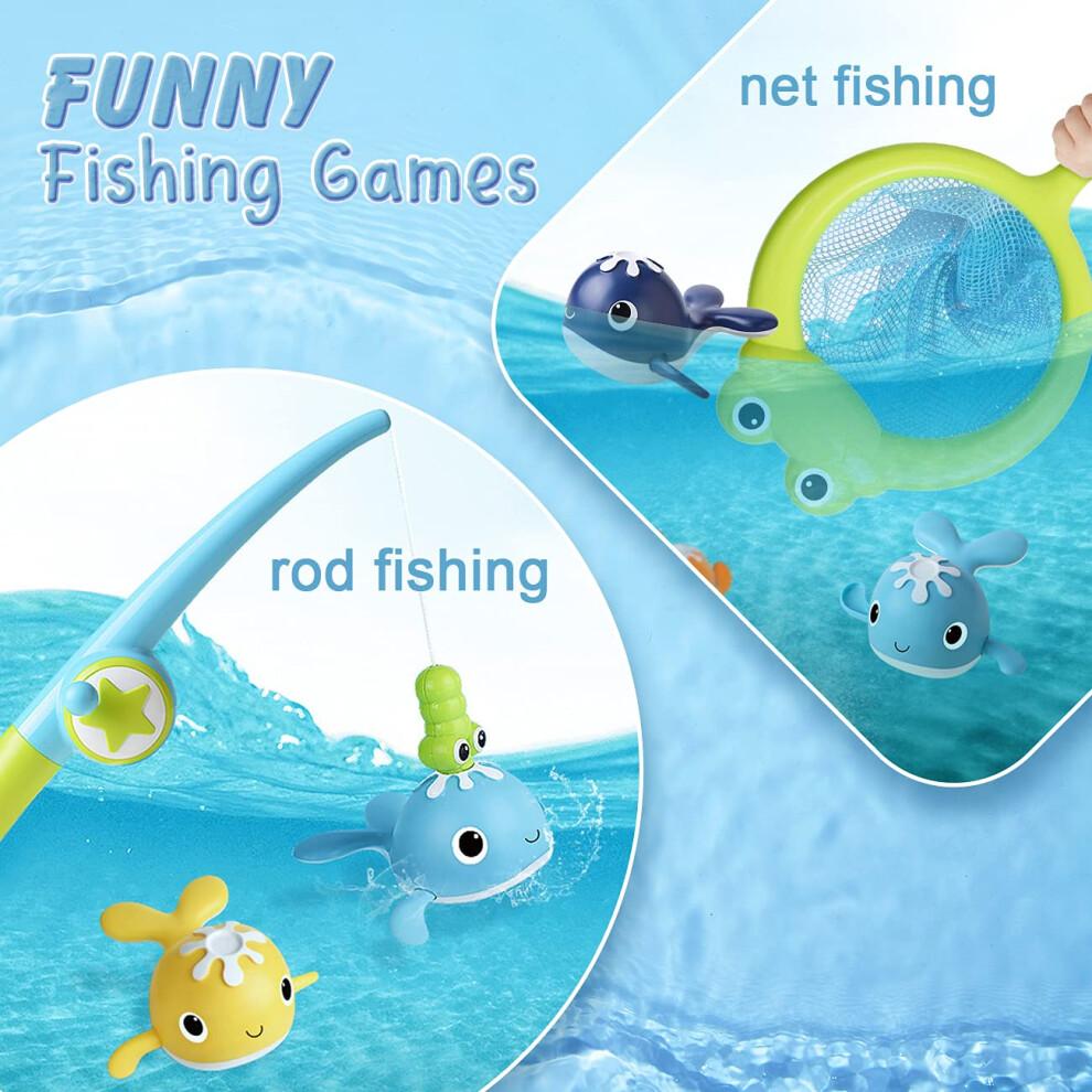 Bath Fishing Toy Set with Magnetic Catch, Windup Swimming Whales, Rotating Pole for Toddlers