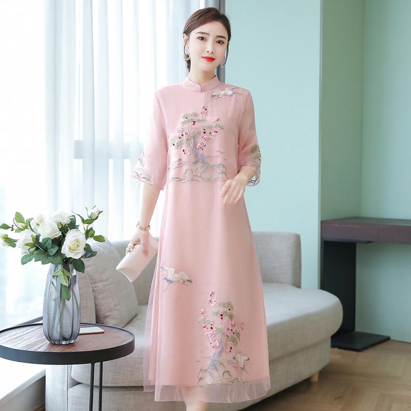 Summer Women Cheongsam Improved Dress Retro Elegant Embroidery Long Dresses Floral Party Dress Chinese Female Clothing