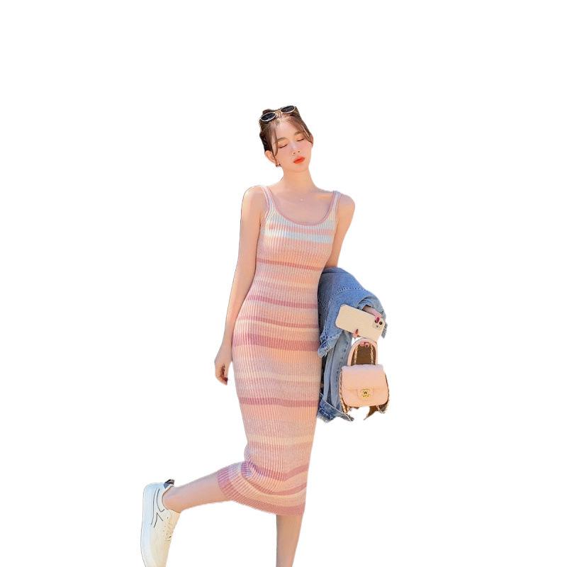 Women's Rainbow Stripe Sleeveless Knit Tank Dress - Slim Fit Summer Mid-Length