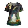 Women's V-Neck Short Sleeve Scrub Top with Pockets and Side Slits, Halloween Print