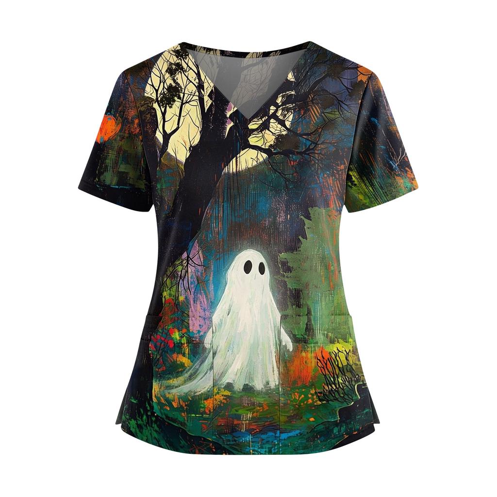 Women's V-Neck Short Sleeve Scrub Top with Pockets and Side Slits, Halloween Print