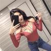 Women's Sexy Deep V Low Cut Bottoming Shirt Perspective Mesh Hollow Long Sleeve Off Shoulder Top