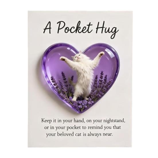 Cat Memorial Pocket Hug with Inspirational Card Emotional Support Heart-Shaped Sleeping Cat Charm Keepsake Figurine Decoration Cat Owners Lovers Gift