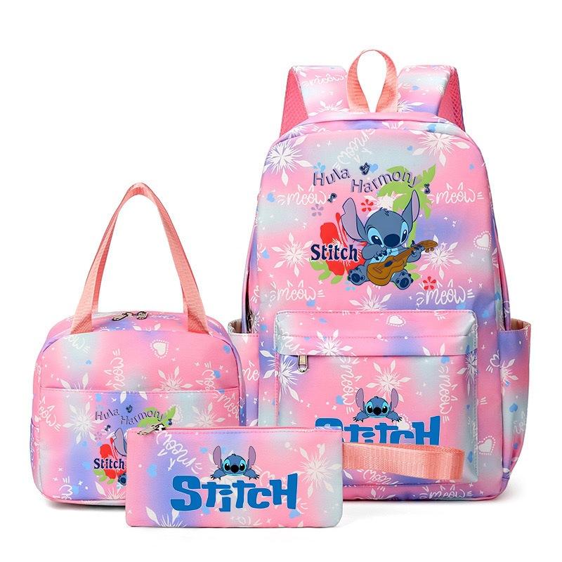 Stitch 3-teiliges Rucksack-Set für Jungen und Mädchen, Rucksack mit Campus-Cartoon-Print, Große Kapazität für Outdoor-Reisen