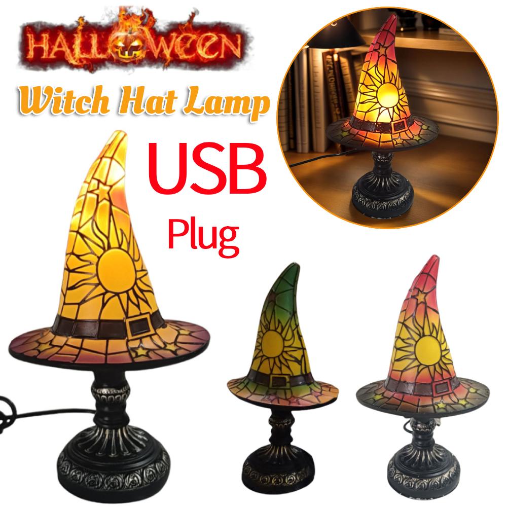 Colorful Witch Hat LED Table Lamp Stained Glass Wizard Hat Lamp USB Powered Creative Night Light for Living Room Bedroom Decor
