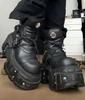 Fashion 2025 New Genuine Leather Tank Sole Punk Short Boots Short Boots Thick Sole Buckle Lace Up Boots Fashion Street Motorcycle Boots