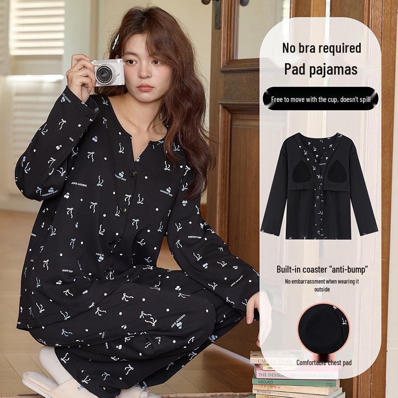 

Комплект женской пижамы из чистого хлопка в корейском стиле с вкладышами для груди - Новинка 2025 Весна/Осень Домашняя одежда с длинным рукавом Extra Extra Large