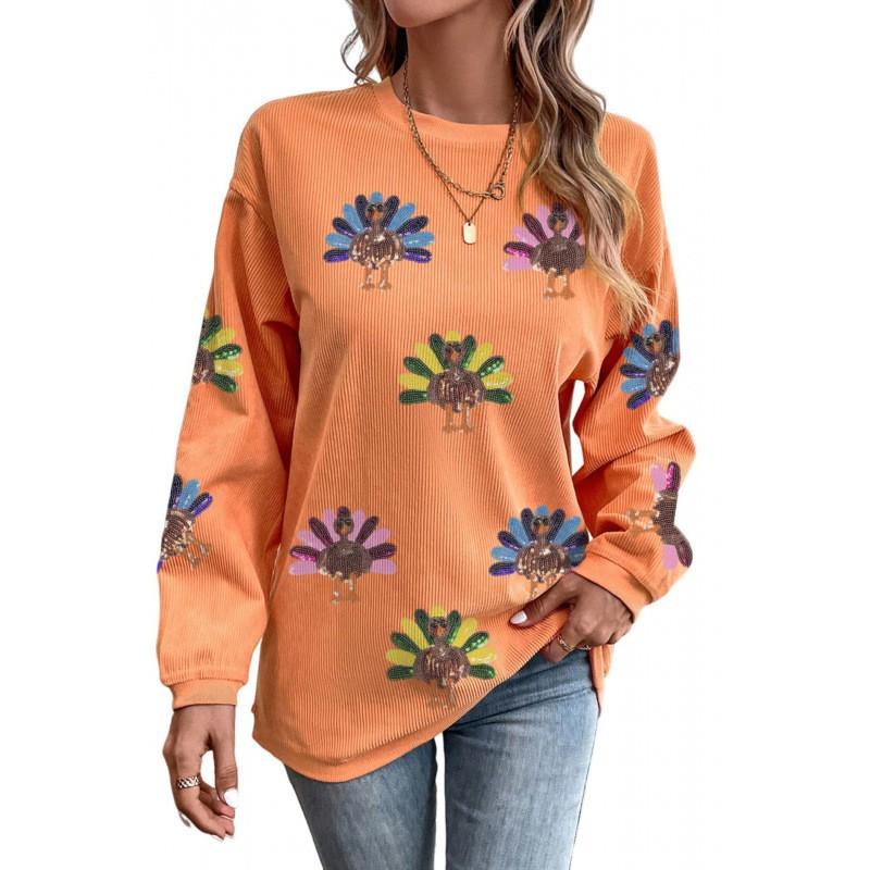 Womens Turkey Print Crew Neck Long Sleeve Hoodie Loose Fit Casual Top 2025