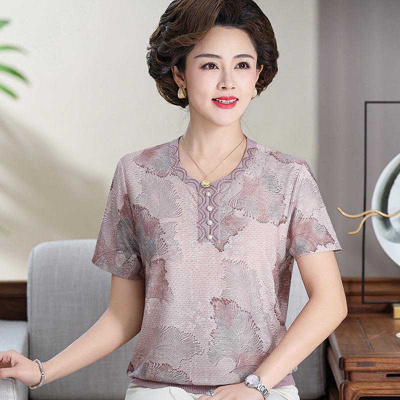 

2026 Chinese Style Mulberry Silk T-Shirt for Middle-Aged Women - Plus Size Short Sleeve Summer Top L (recommended 80-100 jin) темно-фиолетового