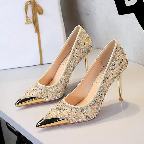Fashion Stiletto Heels Metal Pointed Toe Shallow Cut Slip On Crystal Rhinestone Women Shoes