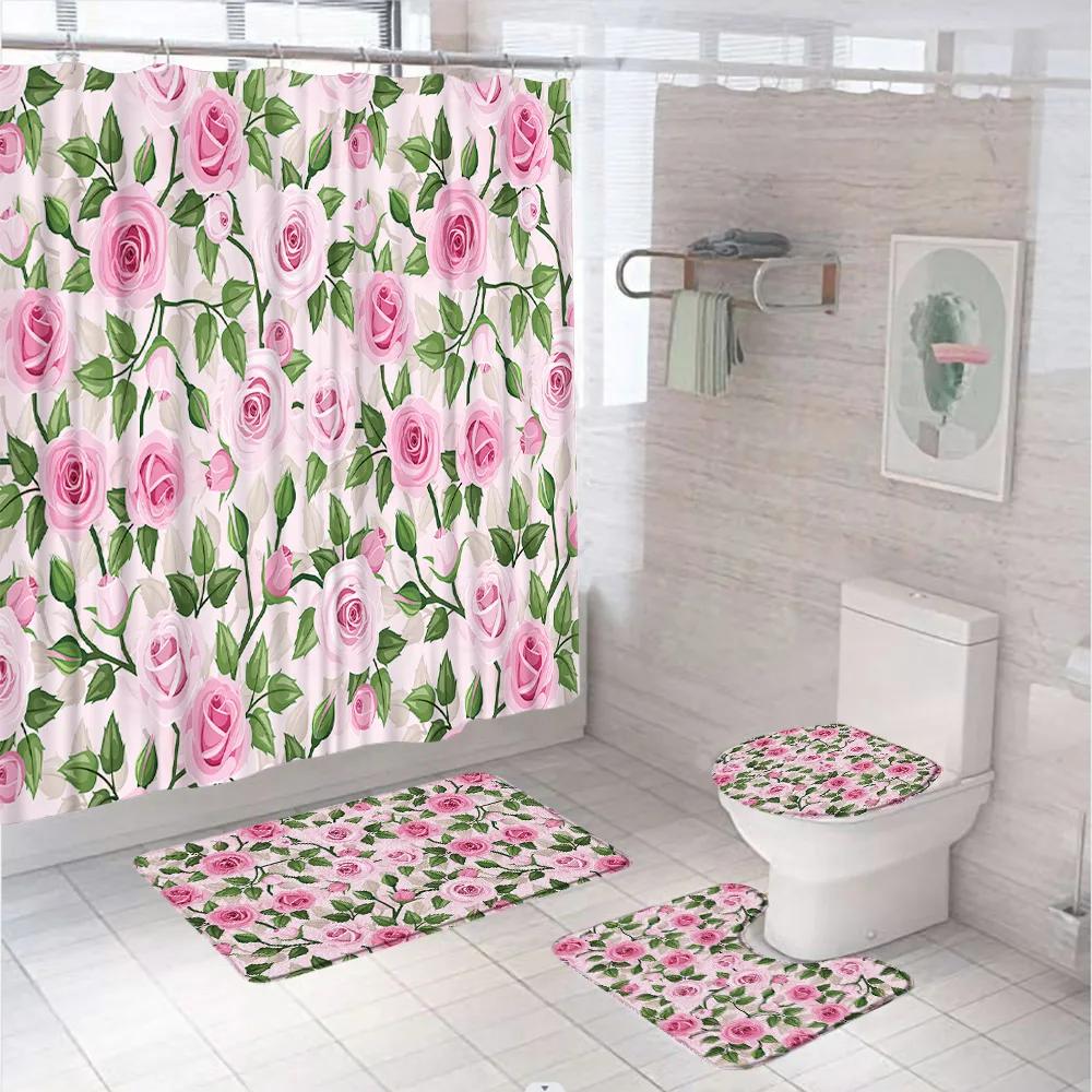 Colorful Plant Botanical Wildflower Flowers Shower Curtain Set Garden Floral Butterfly Bathroom Decor Rug Bath Mat Toilet Cover