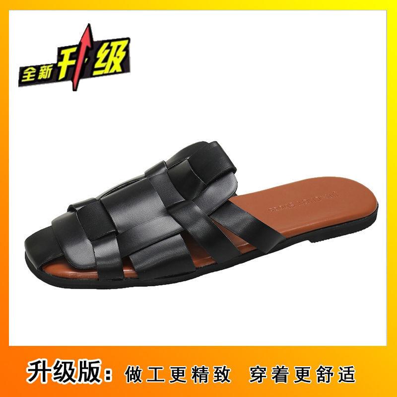 Internet Celebrity Flat Bottom Retro Woven Seaside Beach Baotou Half Drag Ins Tide 2025 New Slippers Women's Summer Wear