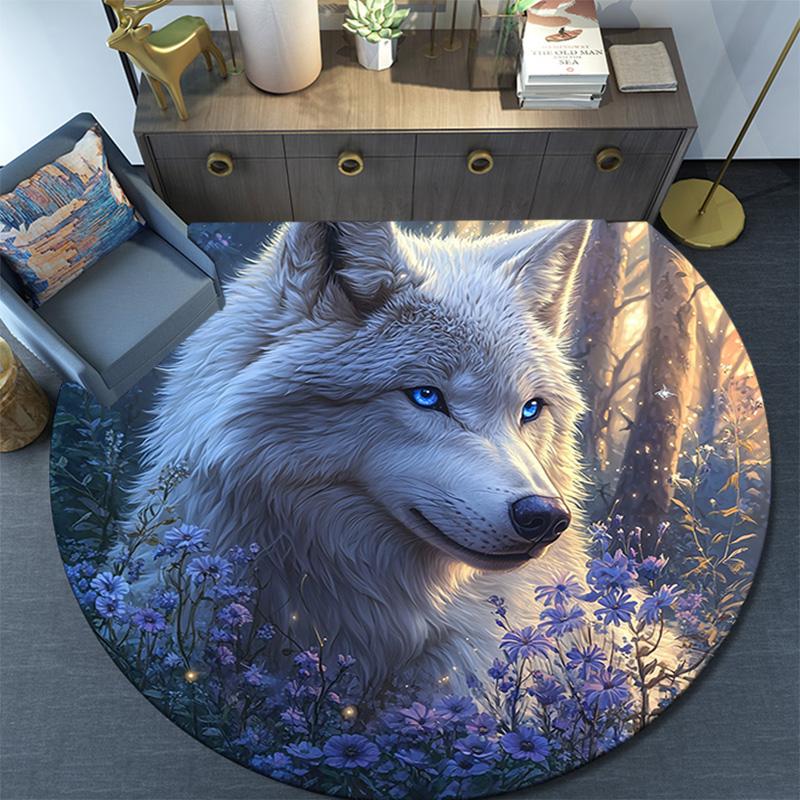 Wolf in Moonlit Round Area Rug,Carpet Rug for Living Room Bedroom Sofa Playroom Decor,Non-slip Floor Mat
