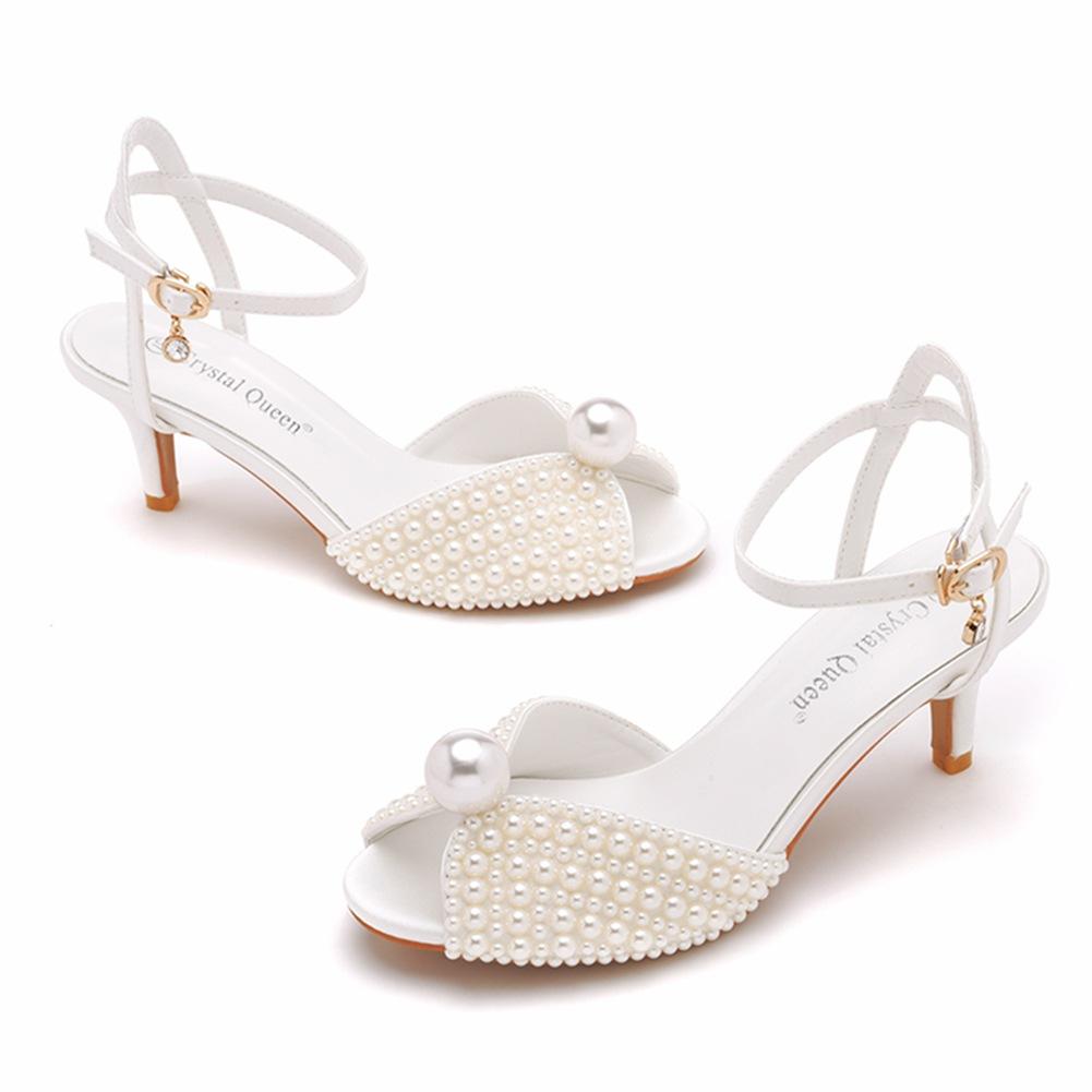 High Quality Wedding Shoes Women Pearls Studs Luxury Peep Toe White High Heels Buckle Designer Woman Sandal 43 Zapatos