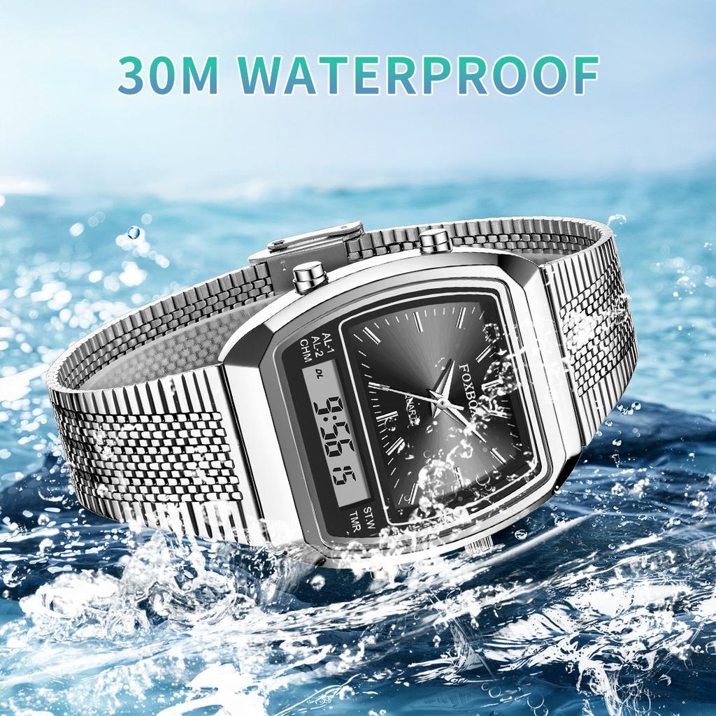 FOXBOX Mens Watch Luxury Sports Fashion Digital Men's Watches Waterproof Luminous Steel Quartz Wristwatches Reloj Hombre