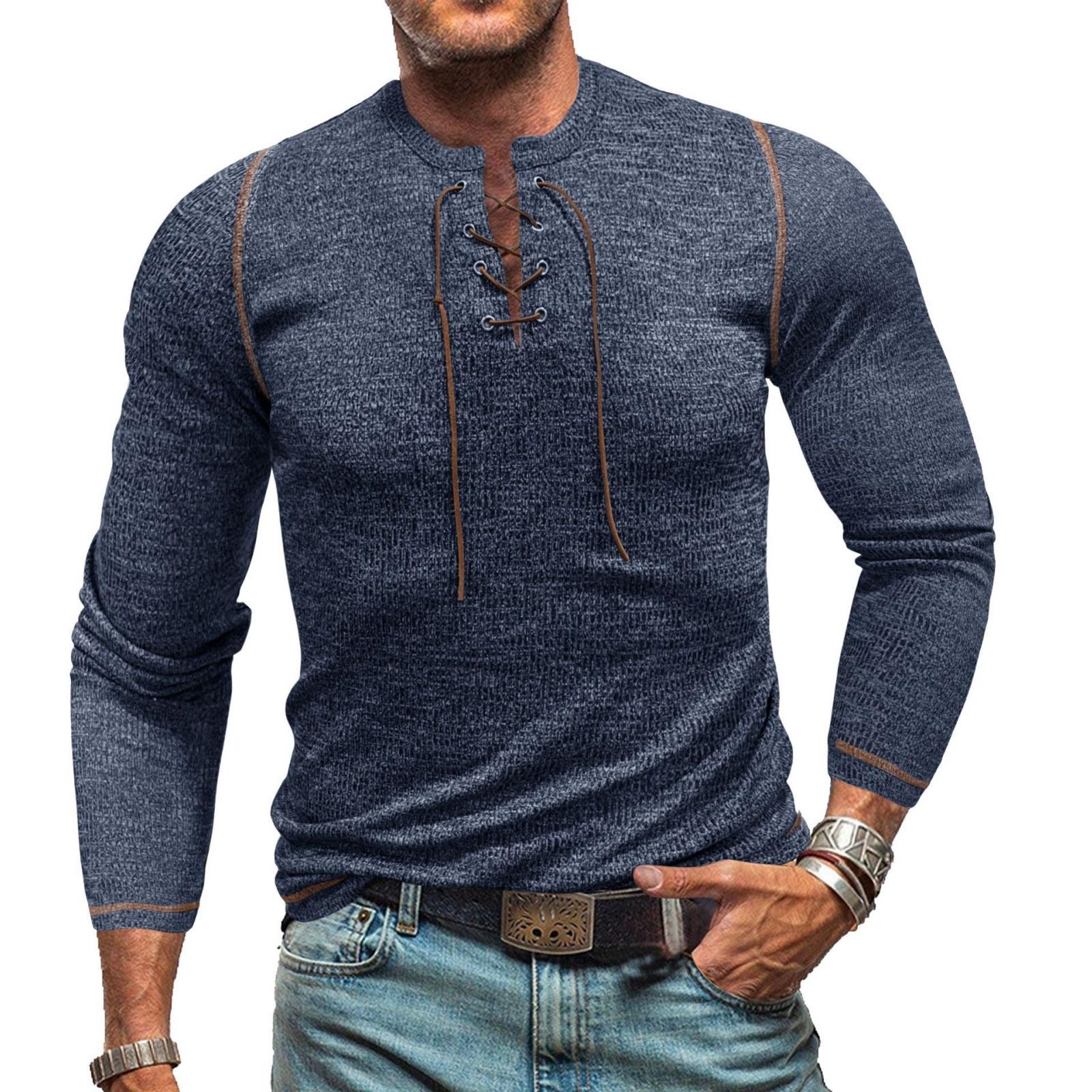 

Men s Solid-color American- Round-neck Ribbed Buttoned Top, Men s Drawstring Collar Long-sleeved Top XL Темно-синій