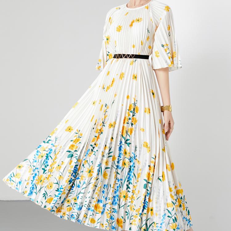 Summer Women Vintage Print Flower Loose Maxi Party Dresses with Belt