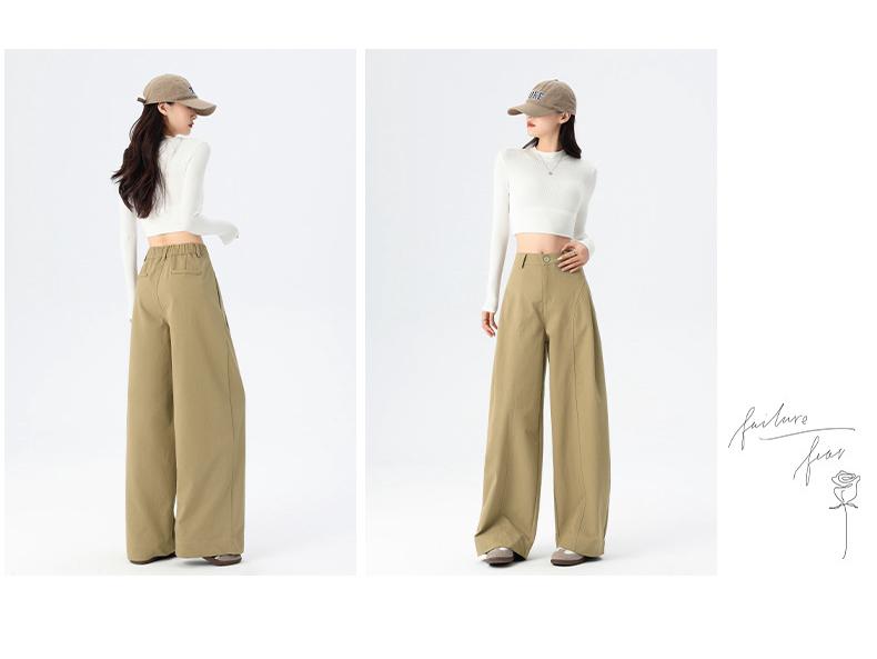 Women’s Khaki High Waist Wide Leg Knife-Pleat Pants - Korean Style, Spring 2026 Collection
