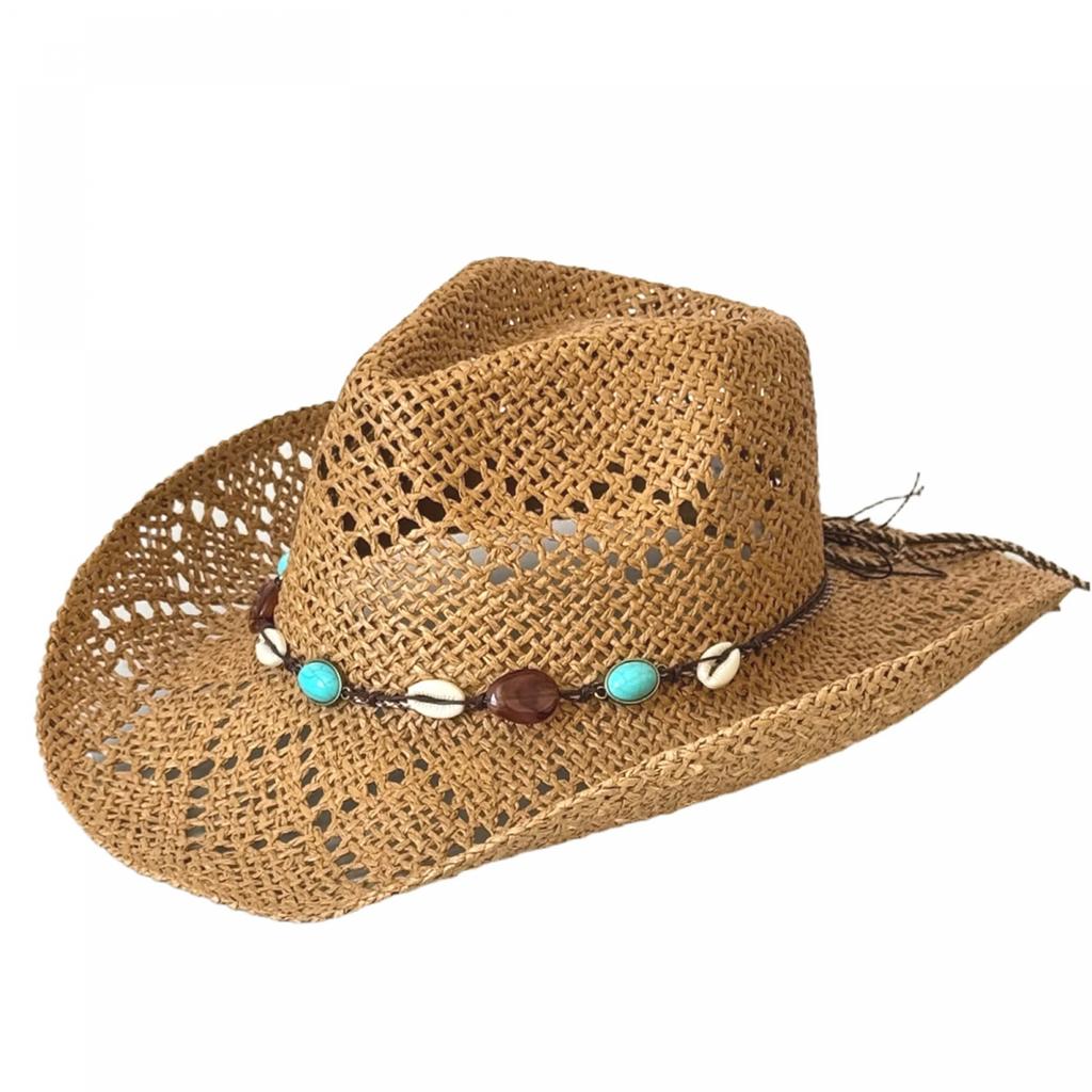Ladies Wide Brim Straw Cowgirl Hat with Beaded Band for Western Style Sun Protection At the Beach or Hiking Adventure