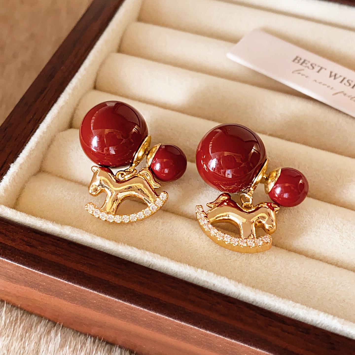 Red Pearl Gold Horse Ear Drop Earrings for Women - Elegant Front-and-Back Style Perfect for Autumn and Winter