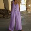 Women's Fashion Casual Button-down Sleeveless Jumpsuit Solid Color Cotton Pocket Jumpsuit