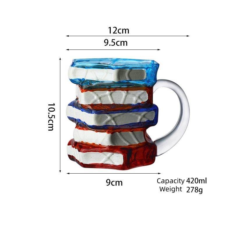 Colorful Stacked Books Shaped Glass Mug, Hand-Painted Stained Glass Style Coffee Cup