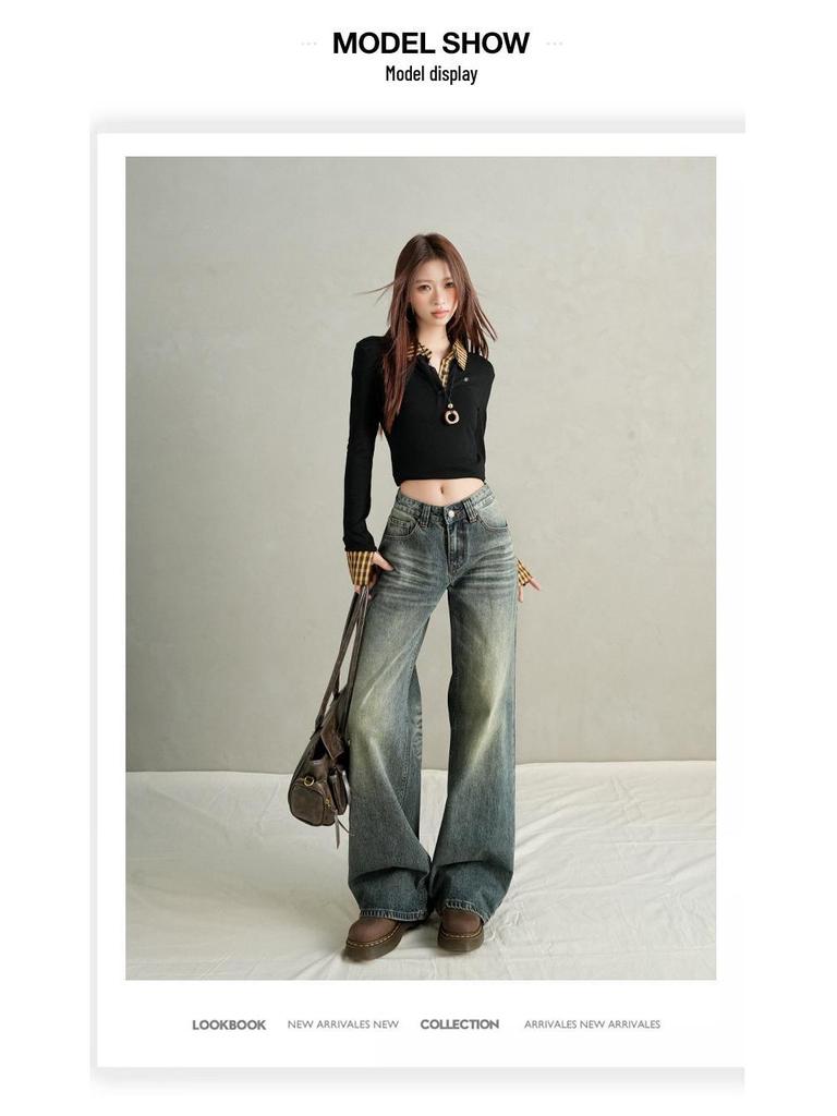 2025 Autumn/Winter Women's Sleek Low-Waist American Loose Straight-Leg Floor-Length Wide-Leg Jeans