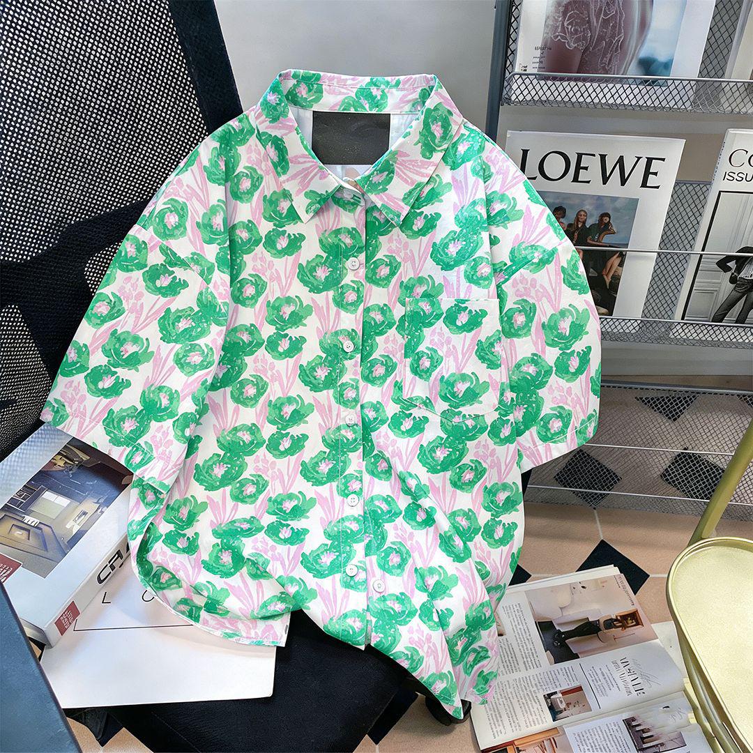 Japanese-Style Retro French Loose Printed Lapel Shirt for Women - Summer Thin Short Sleeve S