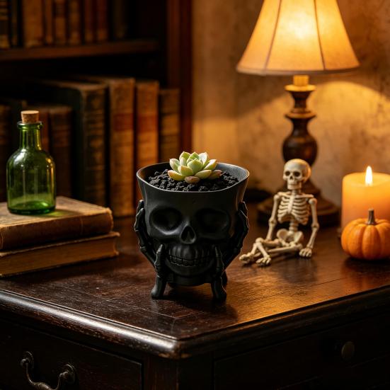 Dekorative Aufbewahrung für Aromatherapie 3D-gedruckter Totenkopf-Pflanzer mit Skelett-Hand-Ständer, Gotischer Sukkulenten-Topf, Blumenkasten im dunklen Stil, Halloween-Schreibtisch