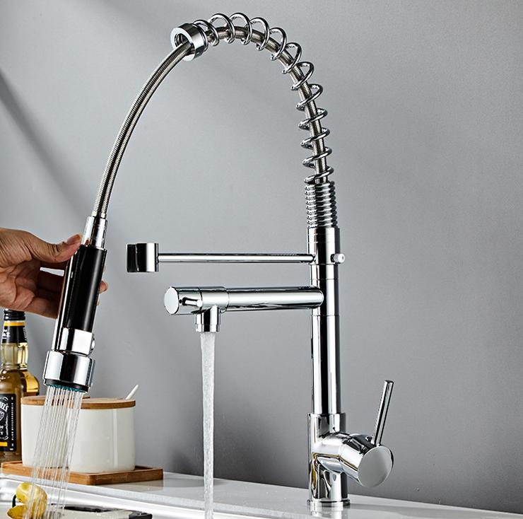 Chrome Spring Kitchen Faucet Pull Down Dual Spouts 360 Swivel Handheld Shower Kitchen Mixer Crane Hot Cold 2 Outlet Spring Taps